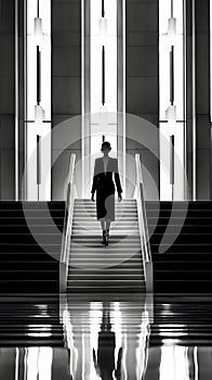 Black and white photo of amazing winding long stairway stairs wide view with beautiful back view of model lady. generative ai