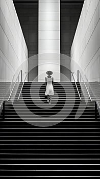 Black and white photo of amazing winding long stairway stairs wide view with beautiful back view of model lady. generative ai