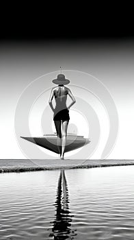 Black and white photo of amazing yacht boat dock landscape view with beautiful back view of model lady. generative ai