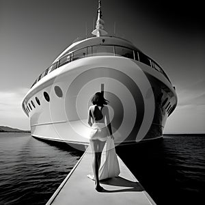 Black and white photo of amazing yacht boat dock landscape view with beautiful back view of model lady. generative ai