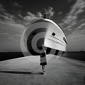 Black and white photo of amazing yacht boat dock landscape view with beautiful back view of model lady. generative ai