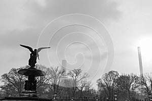 Black and White Photo of the Angel on the Bethesda Fountain during a Winter Snowstorm at Central Park in New York City