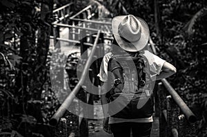 Black and white photo of Asian woman tourist with hat and backpack standing and start walking on nature trail bridge in evergreen