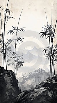 Black and White Photo of Bamboo Trees in a Serene Landscape