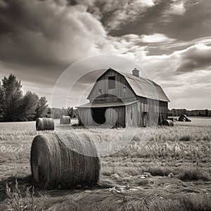 a black and white photo of a barn and hay bales