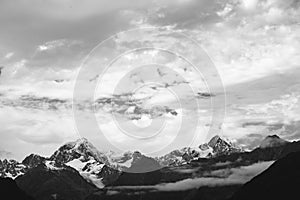 Black and white Photo, Beautiful landscape of the mountain. Lake Matheson, Fox Glacier, New Zealand