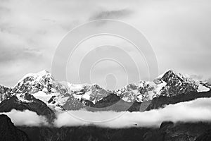 Black and white Photo, Beautiful landscape of the mountain. Lake Matheson, Fox Glacier, New Zealand