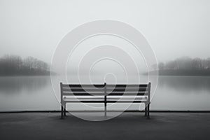 a black and white photo of a bench by a lake