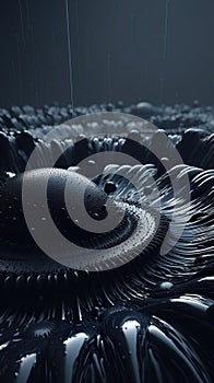 A black and white photo of a black flower. Generative AI image. Freeform ferrofluid