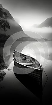 A black and white photo of a boat on a lake, AI
