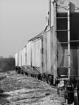 Black and white photo of boxcars on railroad tracks in a small, rural town in Tennessee
