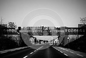 Black and white photo of a bridge in Beringen