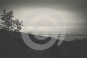 Black white photo of bridge over Volga River in Russia