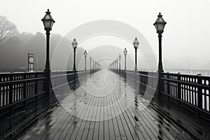 A black and white photo of a bridge in the rain. AI.