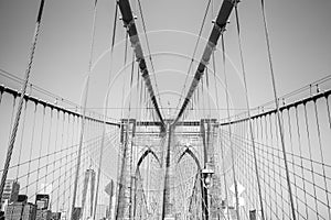 Black and white photo of the Brooklyn Bridge, NYC.
