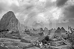 Black & White photo of buildings in Machu Picchu