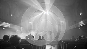 Black and white photo capturing a congregation during a church service
