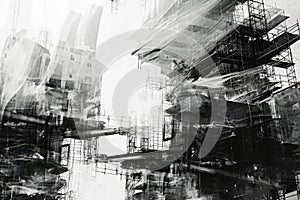 A black and white photo capturing the presence of scaffolding and the construction activity surrounding it, Double exposure