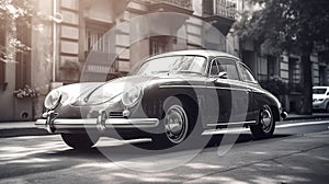 a black and white photo of a car parked on the street