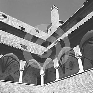 black and white photo of the castle with columns and floors