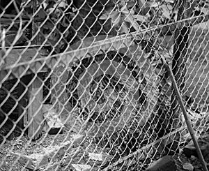 BLACK AND WHITE PHOTO OF CHAIN-LINK FENCE