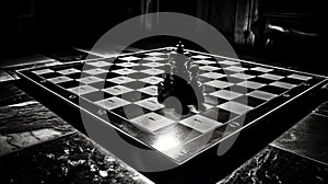 a black and white photo of a chess board and pieces