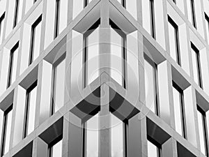Black and white photo collage of bright modern building facade pictures. Abstract photo collage background