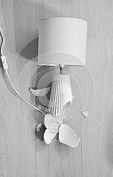 Black and white photo concept with a broken lamp on the floor.