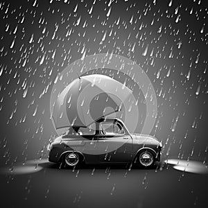 Black and white photo of cute retro car with umbrella and heavy rain.