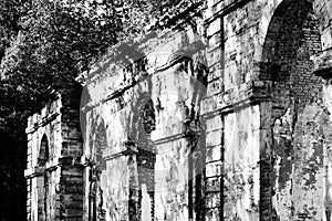 black and white photo dilapidated building forestry greenhouse in the palace park buildings date 18th century, Gatchina, Russia.