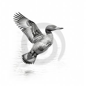 Black and white photo of a duck flying over water