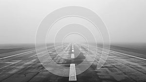 A black and white photo of an empty highway in the fog, AI