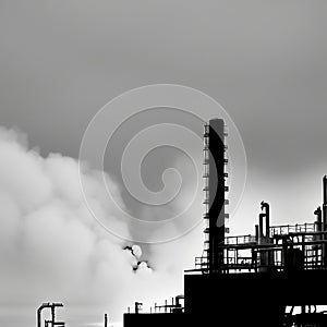 A Black and White Photo of a Factory With Smoke Emitting. Generative AI.