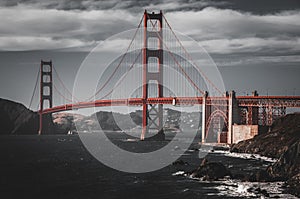 Black and white photo of the famous Golden Gate Bridge in San Francisco California