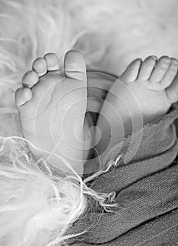 Black and white photo of the feet of a child in the arms of the mother. Macro shot. Mom and her baby. The concept of a family