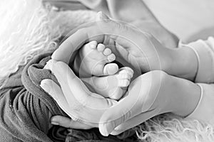 Black and white photo of the feet of a child in the arms of the mother. Macro shot. Mom and her baby. Concept of a happy family