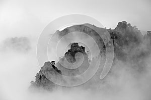 Black and white photo of foggy Demerdzhi mountain photo