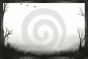 a black and white photo of a forest with trees and birds