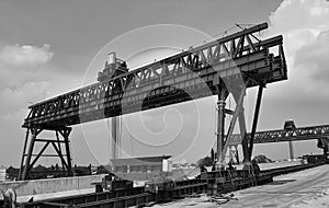 Black and white photo of the gantry portal for lifting girders