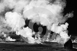 Black and white photo of geyser field, Chile