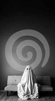 Black and white photo of a ghost sitting on the couch in house, portrait of a kind ghost