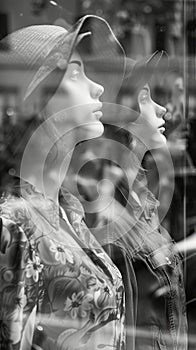 Black and white photo of glass storefronts with manikins, manikins in sold clothes