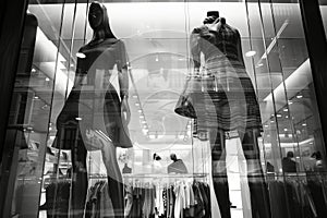 Black and white photo of glass storefronts with manikins, manikins in sold clothes