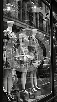 Black and white photo of glass storefronts with manikins, manikins in sold clothes