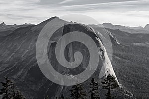 Black and white photo of Half Dome in Yosemite National Park in