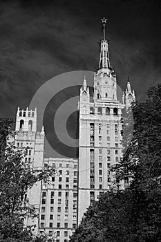 Black and White photo. The High-rise building one of Stalin skyscrapers inn Moscow.