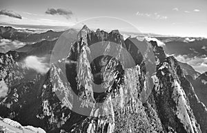 Black and white photo of Huashan National Park mountain landscape, China