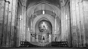 Black and white photo of the interior of the church that belongs to the monastery of Armenteira, Galicia