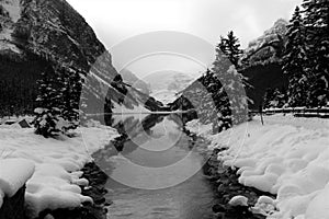Black and White photo of Lake Louise in Banff, Alberta