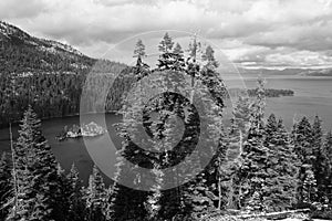 Black and white photo of Lake Tahoe